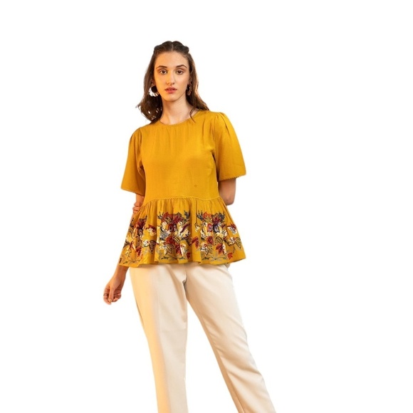 Anthropologie Bhanuni by Jyoti Mustard Yellow Embellished Peplum Top Size small - Picture 2 of 12